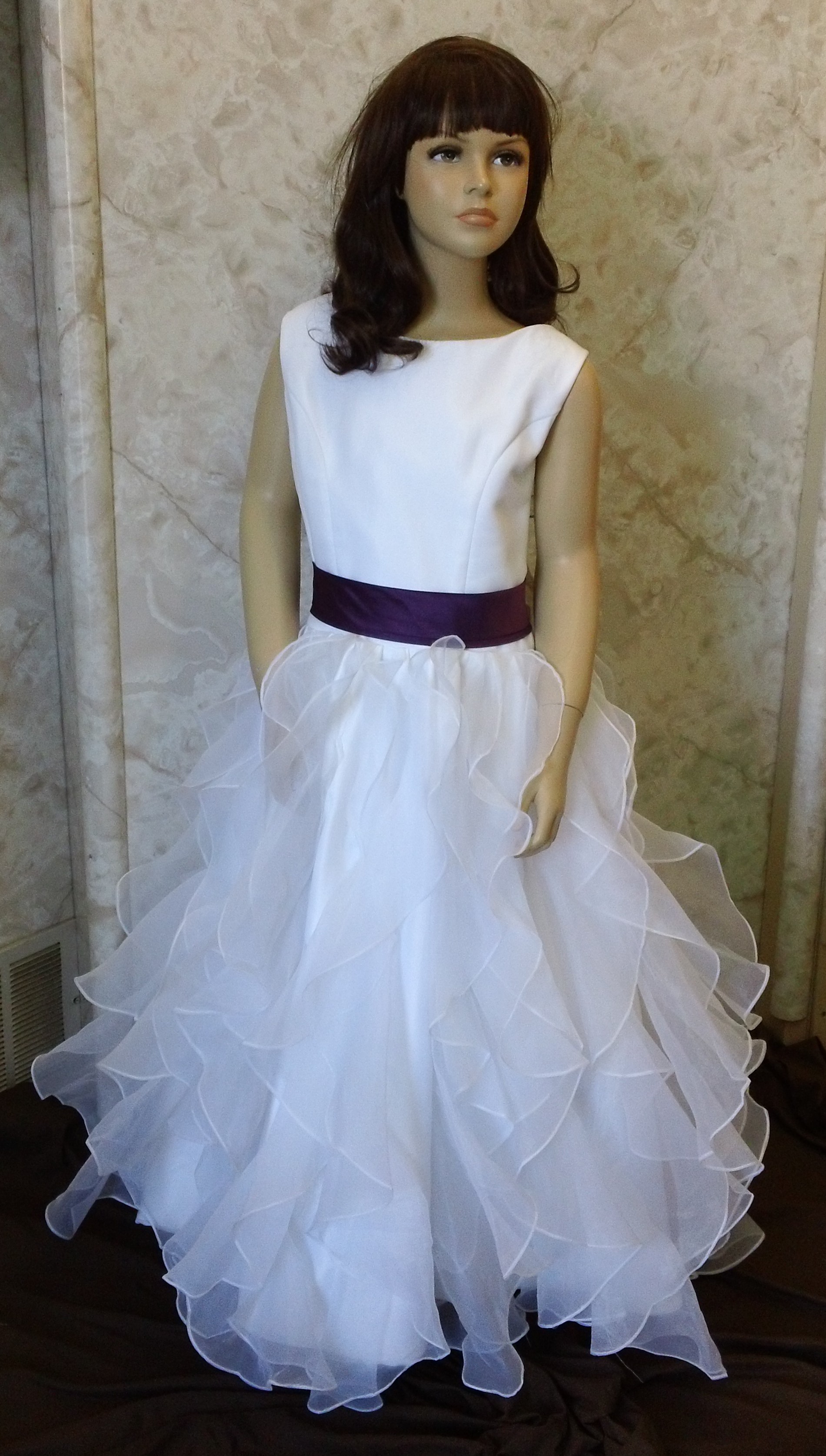 White flower girl outlet dress with purple sash